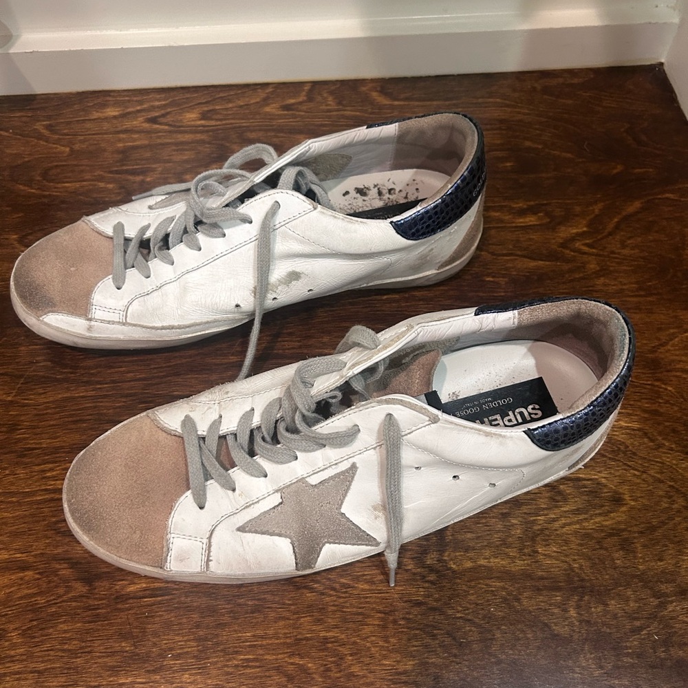 Golden Goose White and Tan Sneakers with Distressed Style